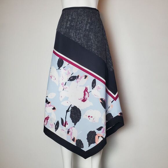 DKNY Black Light Blue Floral Asymmetric Midi Skirt - Picture 1 of 8